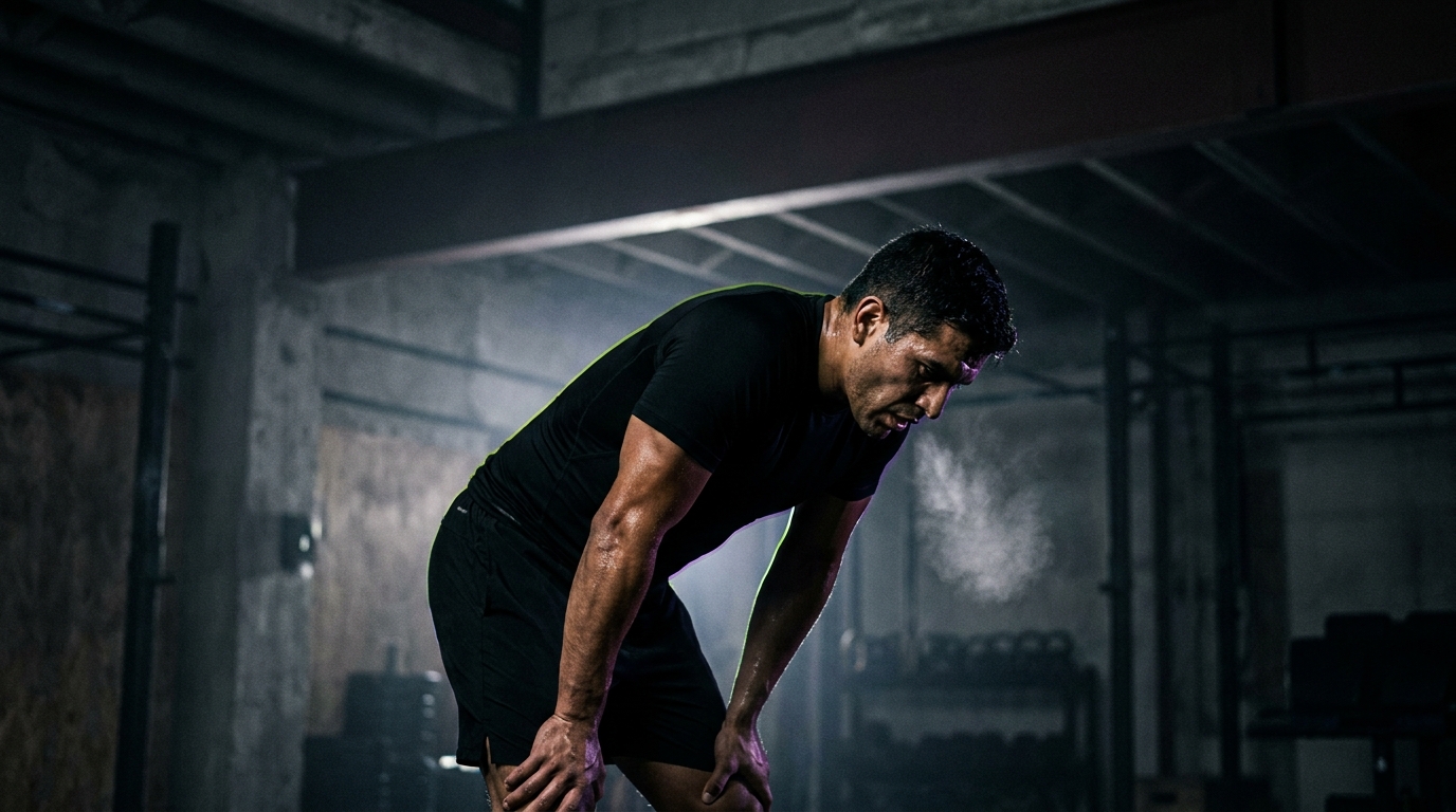 An athlete catching his breath after maximal effort in a dark gym.