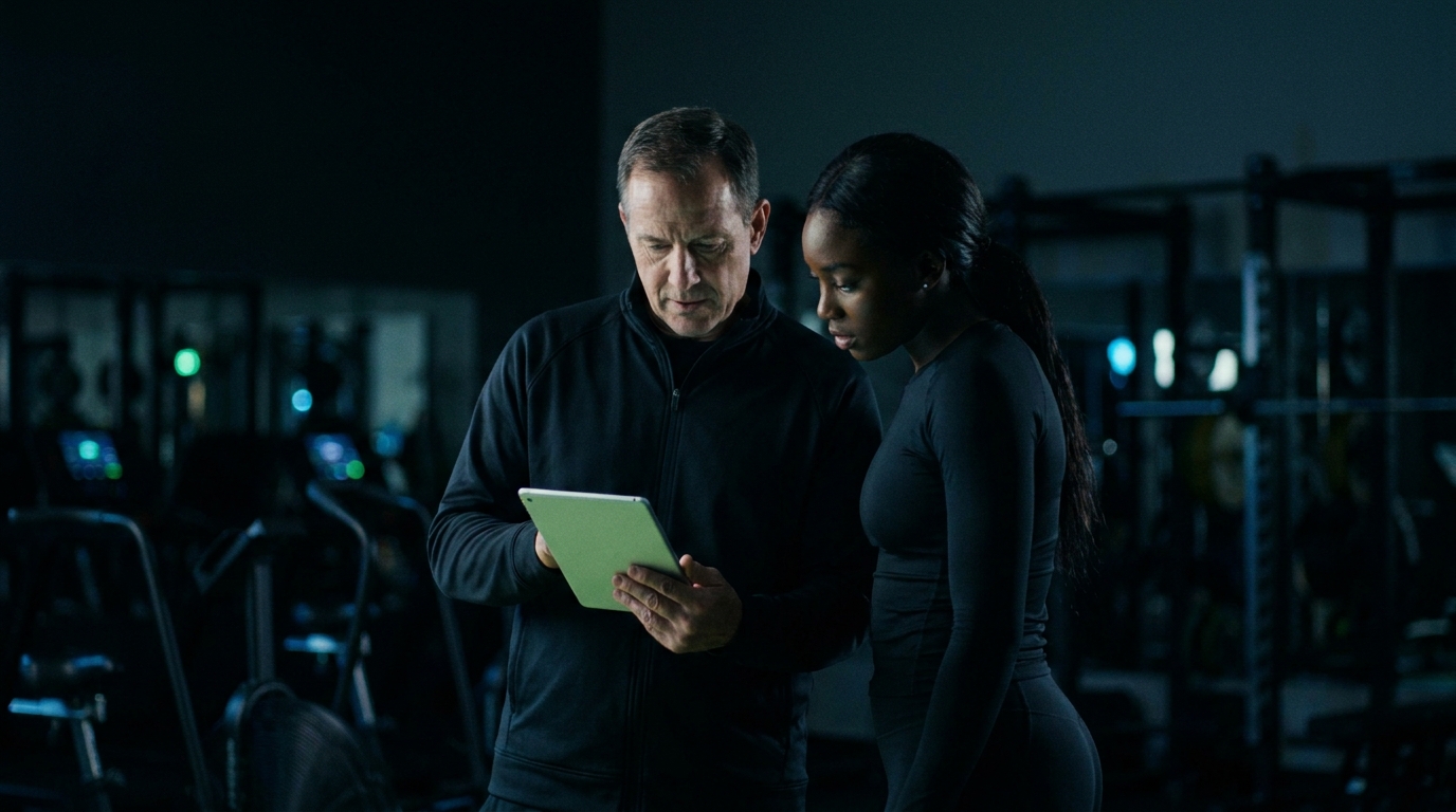 A coach and athlete reviewing performance data on a tablet in a dark training facility.
